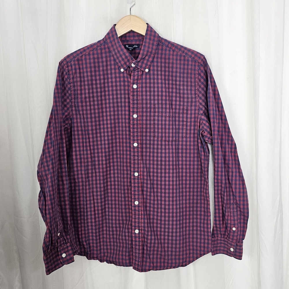 GAP Men's Plaid Button Down Slim Fit Shirt Burgundy Navy Gingham Size Large